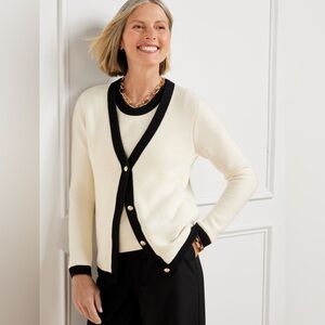 TALBOTS TIPPED TEXTURE V-NECK CARDIGAN white black gold metal buttons size L